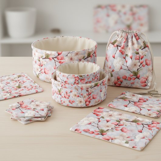 White & Pink Cherry Blossom Watercolor Fabric ファブリック