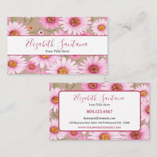 White Pink Daisy Floral 名刺 (正面/裏面)
