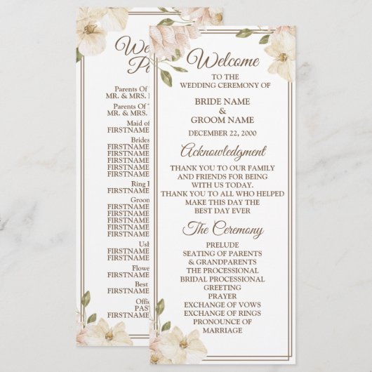 White Pink Floral Frame Greenery Modern Wedding プログラム (正面/裏面)