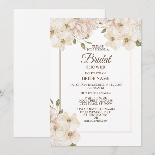 White Pink Floral Frame Modern Bridal Shower Party 招待状 (正面/裏面)