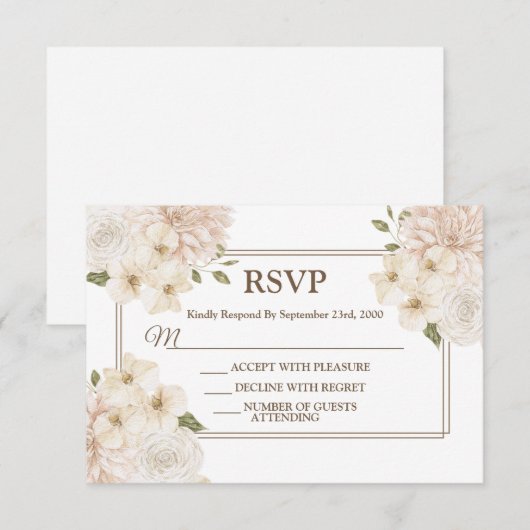 White Pink Floral Frame Modern Wedding Party 出欠カード (正面/裏面)
