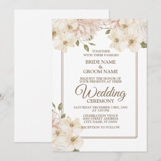 White Pink Floral Frame Modern Wedding Party 招待状 (正面/裏面)