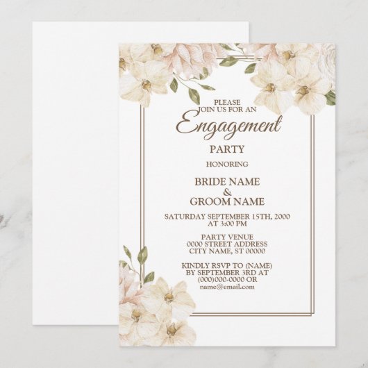 White Pink Floral Greenery Modern Engagement Party 招待状 (正面/裏面)