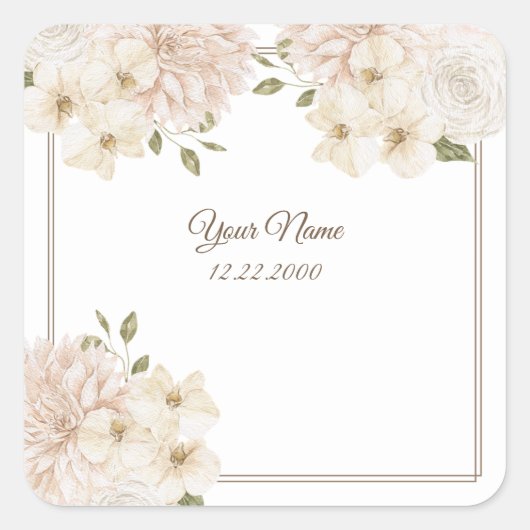 White Pink Floral Greenery Modern Wedding Party スクエアシール (正面)
