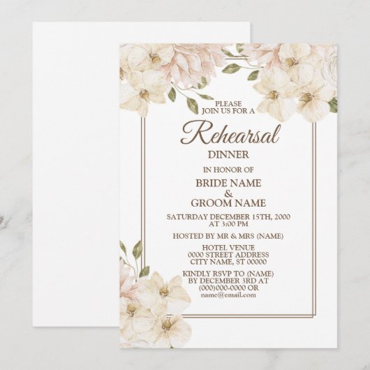 White Pink Floral Modern Wedding Rehearsal Dinner  招待状 (正面/裏面)