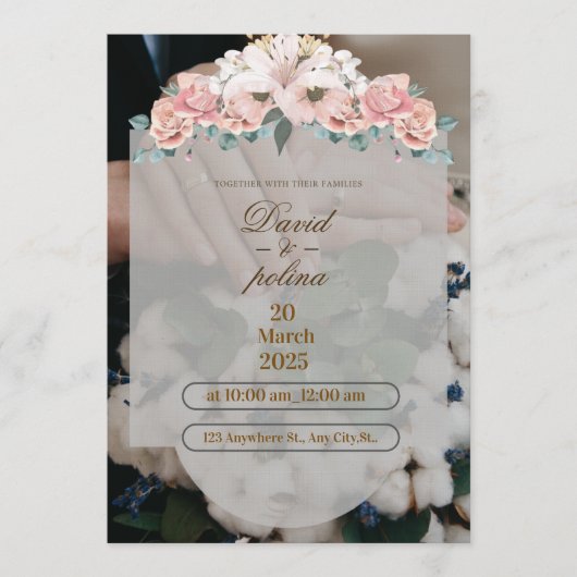 White Pink Flower Decoration Wedding Invitation 招待状 (正面)