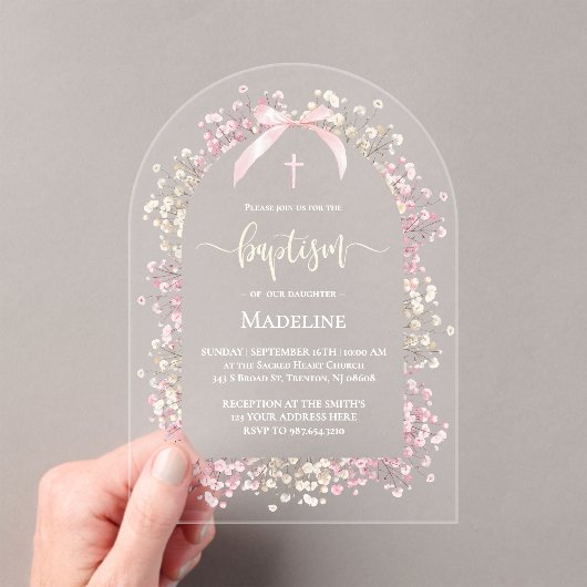 white pink flowers Baptism アクリル招待状 (インサイチュ (ポータブル))