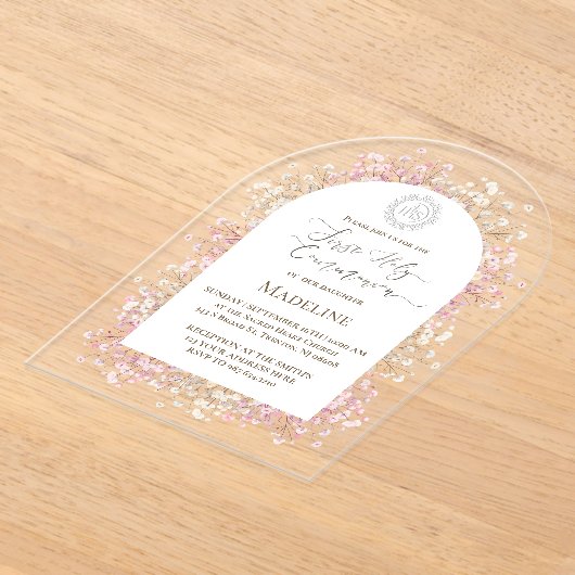 white pink flowers First Holy Communion アクリル招待状 (レイダウン)
