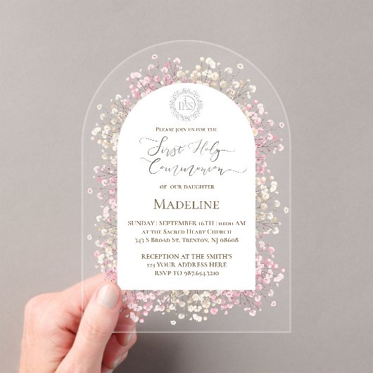 white pink flowers First Holy Communion アクリル招待状 (インサイチュ (ポータブル))