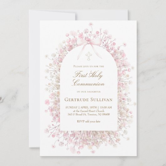 white pink flowers | First Holy Communion 招待状 (正面)