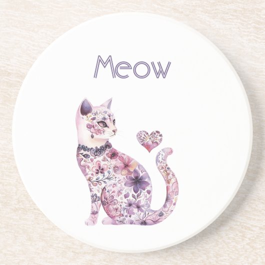 White Pink Purple Hearts Floral Cat Birthday コースター (正面)