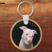 White pitbull with red kisses all over his face. キーホルダー (正面)