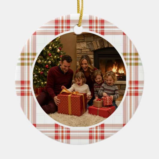 White Plaid Family Christmas セラミックオーナメント (正面)