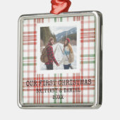 White Plaid Our First Christmas メタルオーナメント (左)