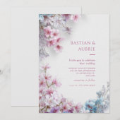 White Plaster Pink Sakura Botanical Border Wedding 招待状 (正面/裏面)