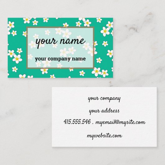 White Plumeria flowers on mint green background 名刺 (正面/裏面)