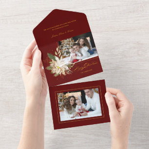 White Poinsettia, Greenery書道金ゴールド写真 オールインワン招待状