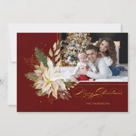 White Poinsettia, Greenery書道金ゴールド写真 シーズンカード