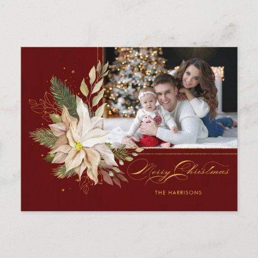 White Poinsettia, Greenery書道金ゴールド写真 シーズンポストカード (正面)