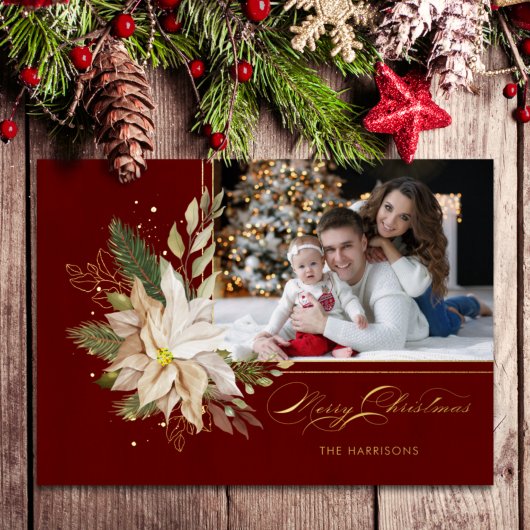 White Poinsettia, Greenery書道金ゴールド写真 箔シーズンカード