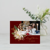 White Poinsettia, Greenery書道金ゴールド写真 箔シーズンポストカード (立ち正面)