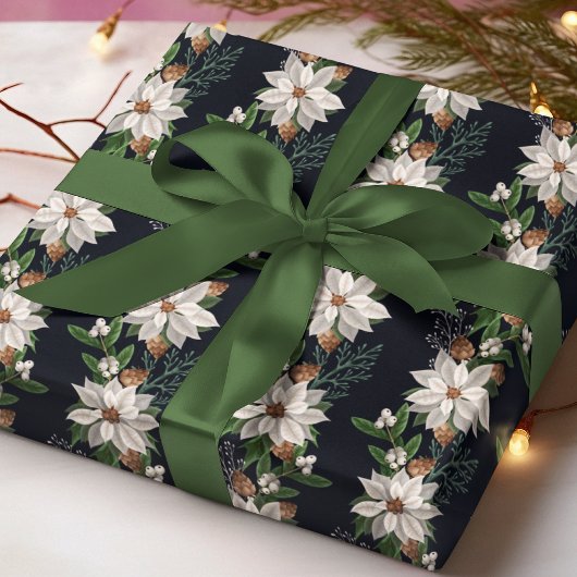 White Poinsettia Winter Floral Christmas Pattern ラッピングペーパー