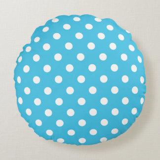 White Polka Dots on Aqua Blue Round Pillow ラウンドクッション