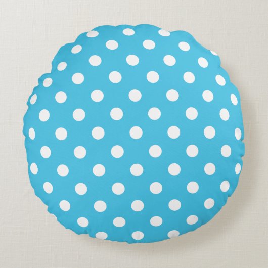 White Polka Dots on Aqua Blue Round Pillow ラウンドクッション (正面)