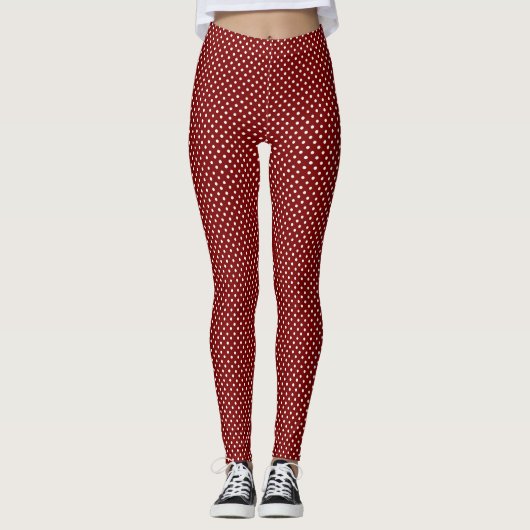 White Polka Dots On Dark Red Leggings レギンス (正面)
