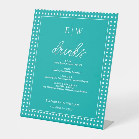 White Polka Dots on Teal – Personalized Wedding 台座サイン (正面)