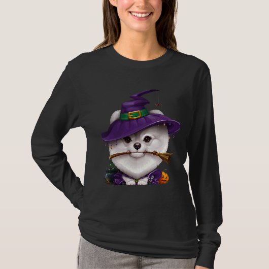 White Pomeranian Witch Halloween Tシャツ (正面)