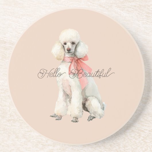 White Poodle Dog Hello Beautiful コースター (正面)