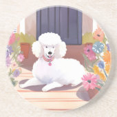 White Poodle | Dog Pet Watercolor Flowers コースター (正面)