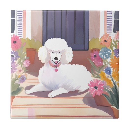 White Poodle | Dog Pet Watercolor Flowers タイル (正面)