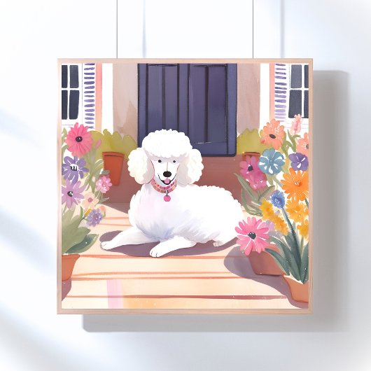 White Poodle | Dog Pet Watercolor Flowers ポスター