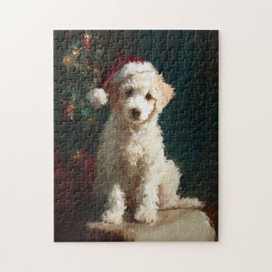 White Poodle Puppy Christmas Painting ジグソーパズル (縦)