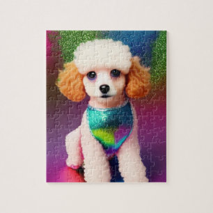 White Poodle with Cream Ears on Rainbow Sparkle ジグソーパズル