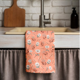 White Poppies on Red Kitchen Towel キッチンタオル