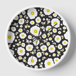 White Poppies Wood Framed Clock 壁時計