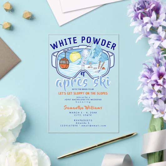 White Powder & Apres Ski Mountain Ski Bachelorette アクリル招待状 (インサイチュ (ウェディング))