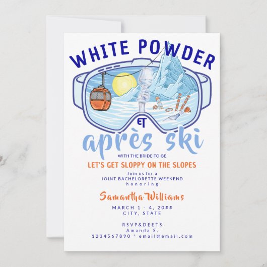 White Powder & Apres Ski Mountain Ski Bachelorette 招待状 (正面)