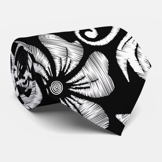 White printed hibiscus embroidery ネクタイ (ロール)