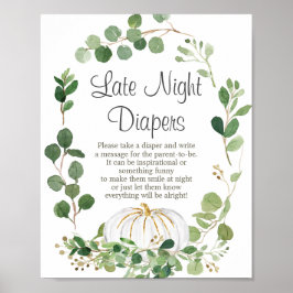 White Pumpkin Baby Shower Night Diapers Sign ポスター