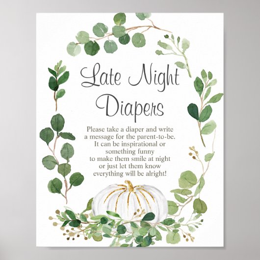 White Pumpkin Baby Shower Night Diapers Sign ポスター (正面)