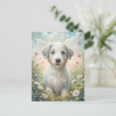 White Puppy Pastel Wildflowers Daisies Sunshine ポストカード (スタンド正面)