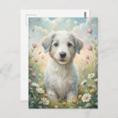 White Puppy Pastel Wildflowers Daisies Sunshine ポストカード (正面/裏面)