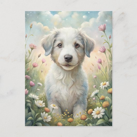White Puppy Pastel Wildflowers Daisies Sunshine ポストカード (正面)