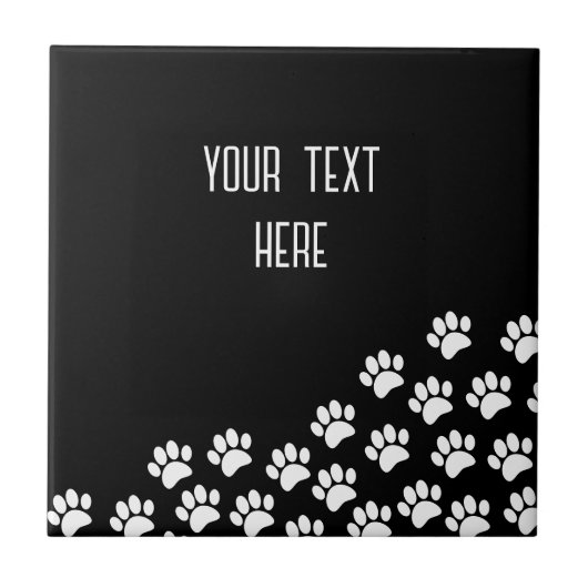 White Puppy Paw Prints Editable Text Black  タイル (正面)