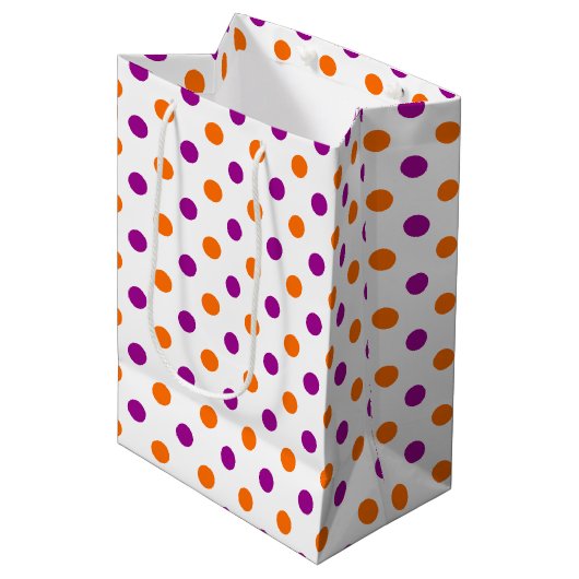 White Purple Orange Polka Dots Pattern ミディアムペーパーバッグ (正面アングル)