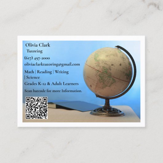 White QR Code Tutor Teacher Globe & Book Classroom 名刺 (正面)